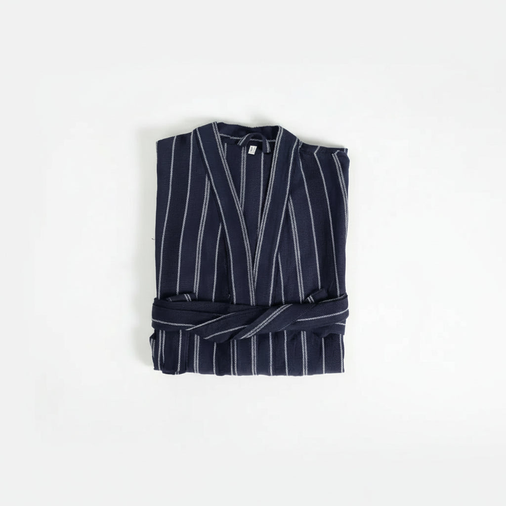 Kestane navy pinstripe robe in soft cotton with white stripes