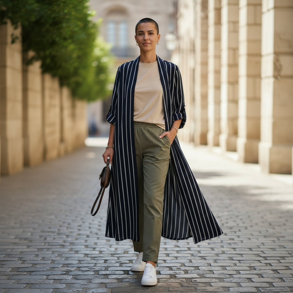 Person wearing a long striped robe, white shirt, green pants, and white shoes on a street.