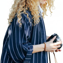 Striped navy blue and white Kestane Robe shirt with relaxed fit