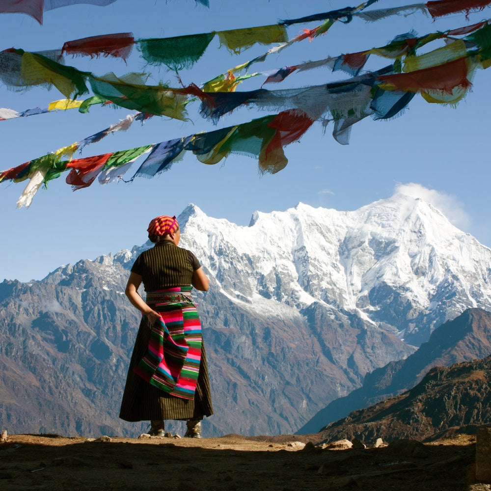 A person stands with their back to the camera, looking at a snow-capped mountain range under a clear blue sky, with colorful prayer flags hanging from poles in the foreground.