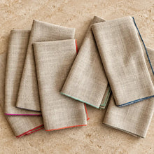Beige oatmeal napkins with colorful edges set of 8 featuring durable linen poly and vibrant embroidered hems
