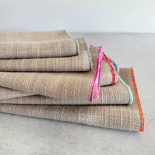 Oatmeal napkins with colorful edges, textured linen poly blend, set of 8