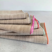 Oatmeal napkins with colorful edges, textured linen poly blend, set of 8