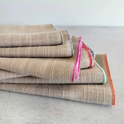 Oatmeal napkins with colorful edges, textured linen poly blend, set of 8