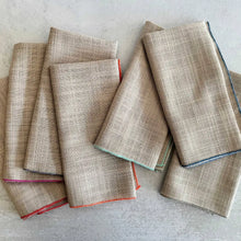 Oatmeal linen poly blend napkins with colorful stitched edges, set of 8