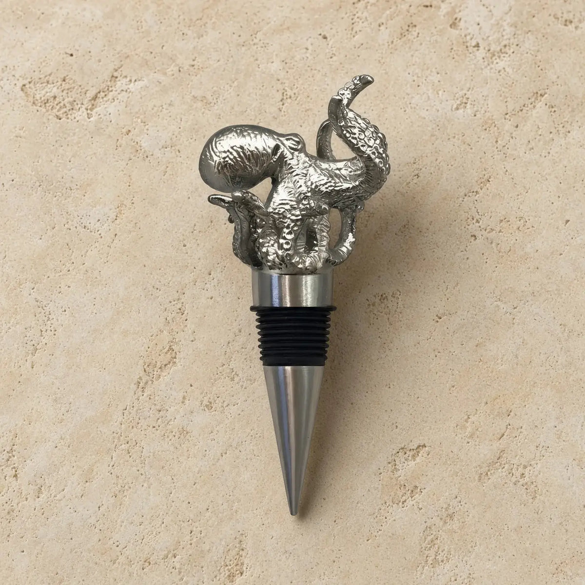 Silver octopus-themed wine stopper with textured quality pewter finish and black rubber seal handmade bottle accessory