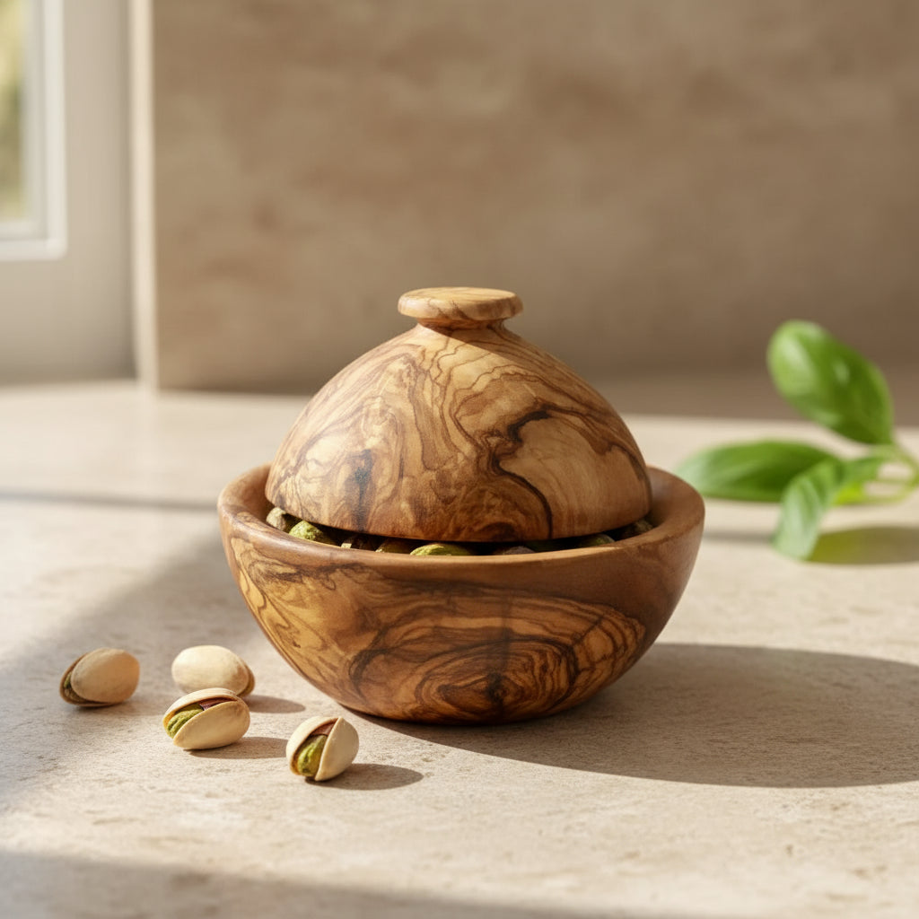 Olive wood covered bowl with lid for snacks and nuts showing unique grain patterns