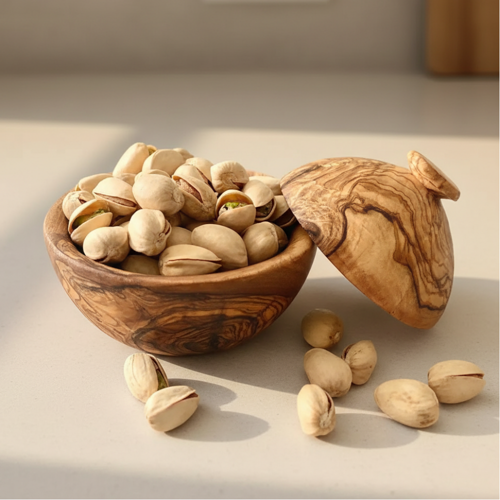 Olive wood covered bowl with roasted pistachios for snacks and nuts display