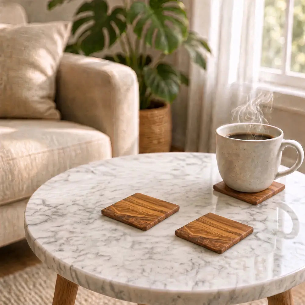 Two handmade olive wood square coasters with natural grain pattern resting on a marble table