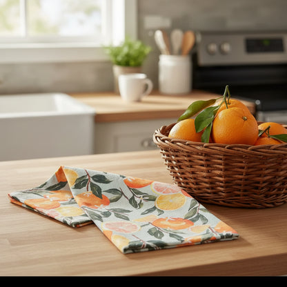 A handmade pure cotton tea towel in light blue with vibrant orange and citrus watercolor prints for kitchen decor
