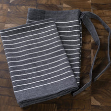 Charcoal gray striped woven tote bag with adjustable strap