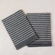 Charcoal gray organic cotton tea towel set with white stripes and wearable apron