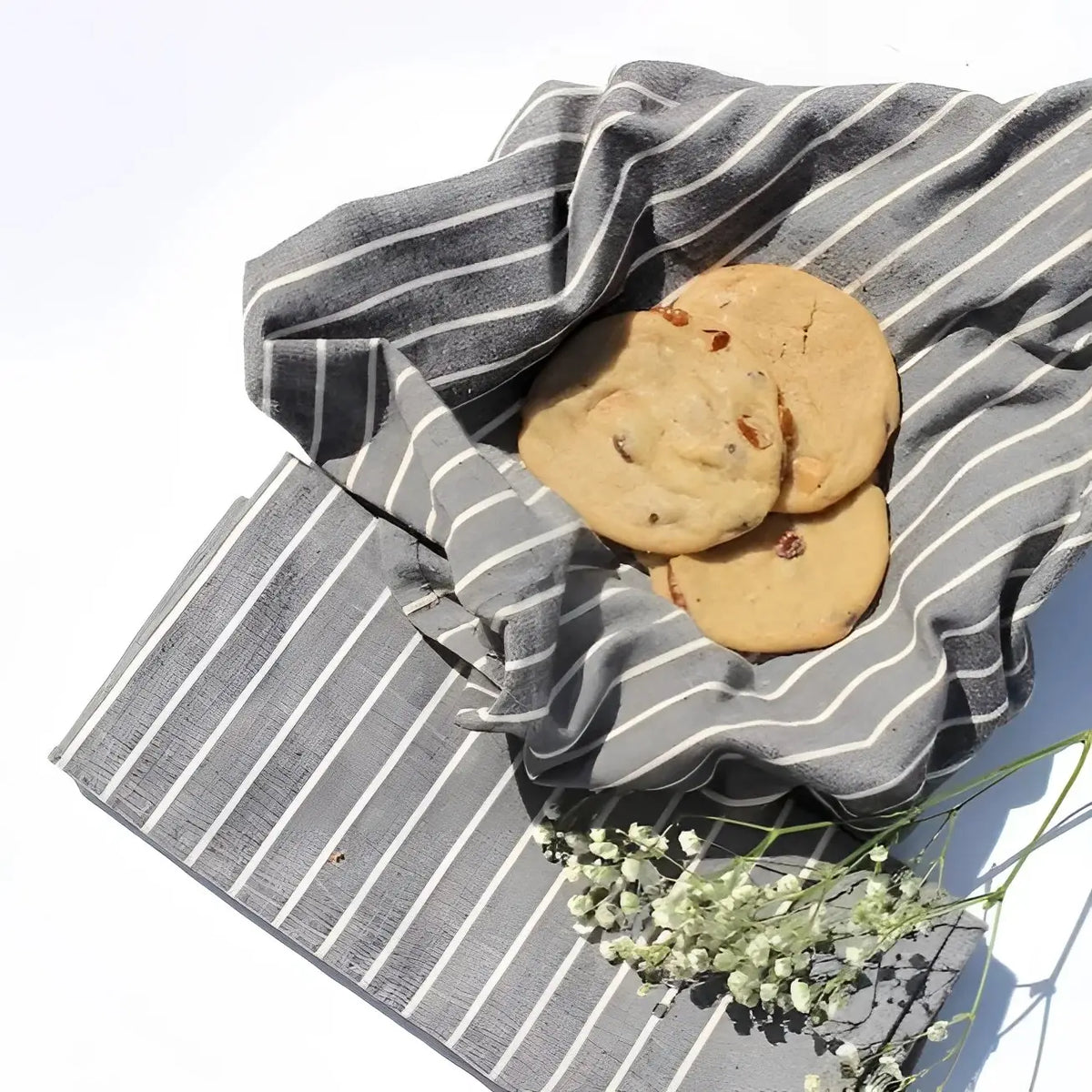 Grey striped organic cotton napkin with cookies, from Tea Towel Set