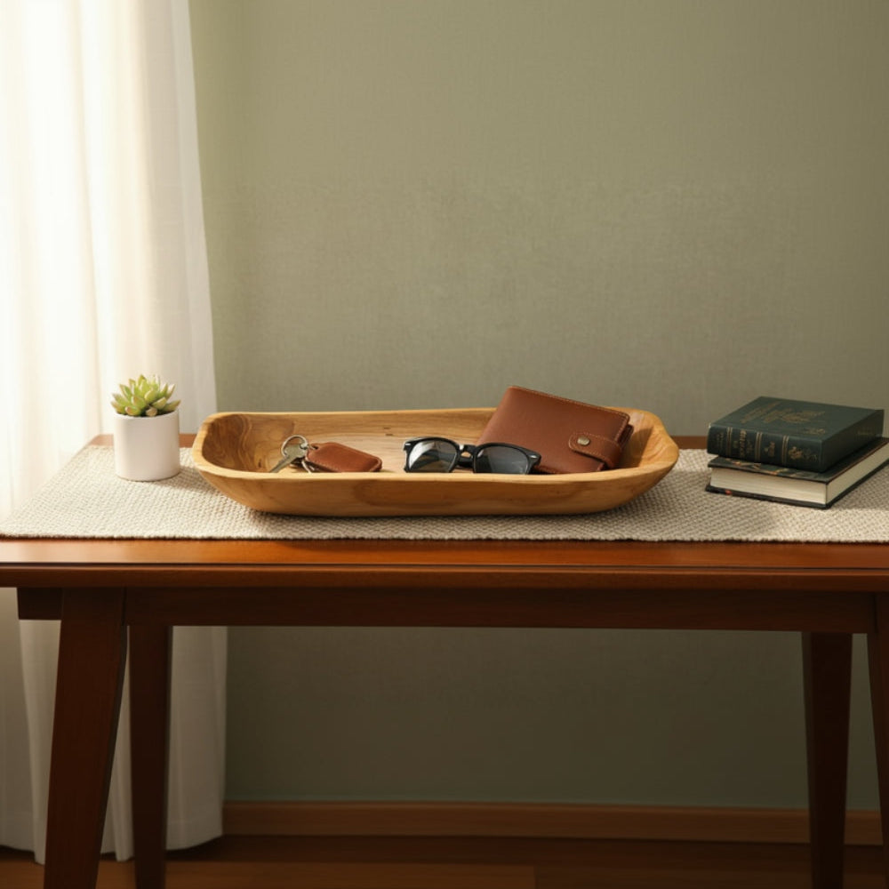 Rectangular salvaged teak root wooden serving tray with curved edges for organic style
