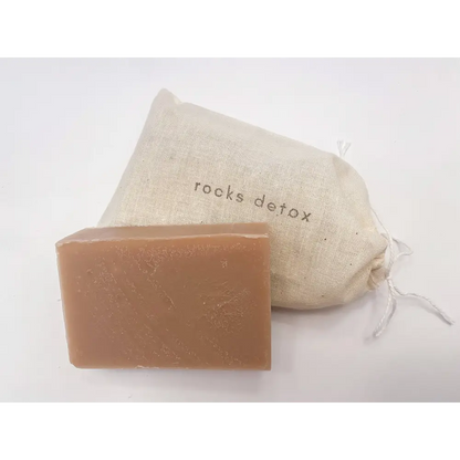 Organic shea butter soap bar in almond coconut scent with linen bag
