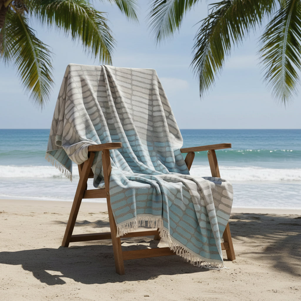 Gradient blue and white Turkish towel with fringe, quick drying and sand resistant