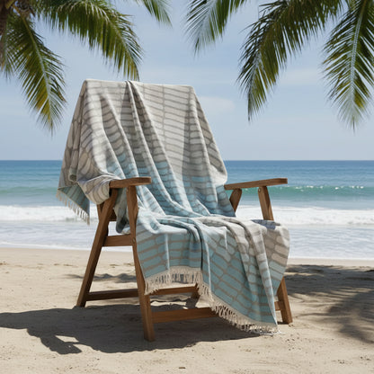 Gradient blue and white Turkish towel with fringe, quick drying and sand resistant