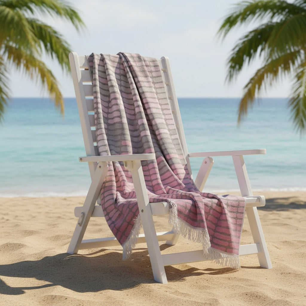 Gray and pink ombre Turkish towel with fringe, quick drying and sand resistant