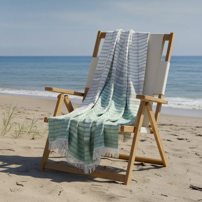 Gray and mint Turkish towel with fringe, quick drying and sand resistant beach towel