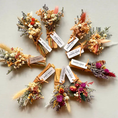 Handmade eco-friendly palo santo floral boutonnieres in earthy pastels
