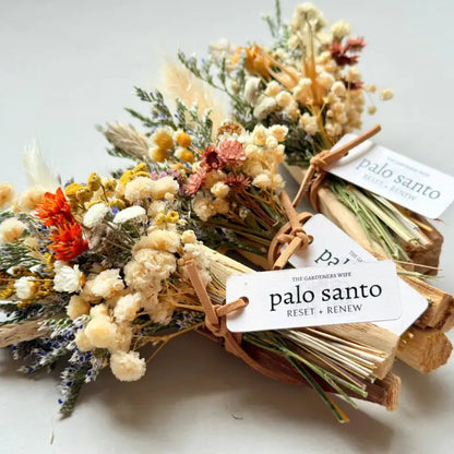 Handmade eco-friendly palo santo with dried floral bundle in cream hues
