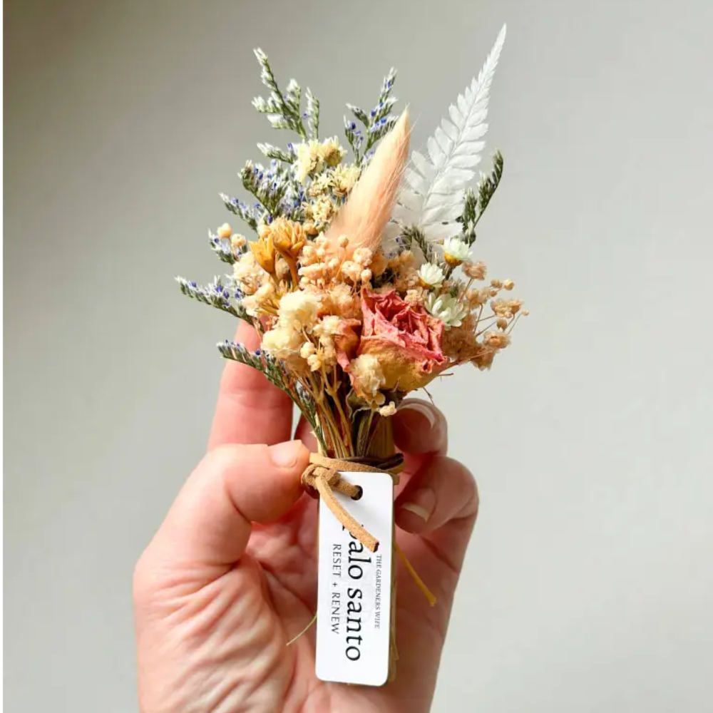 Handmade eco-friendly Palo Santo + Flora dried flower bouquet