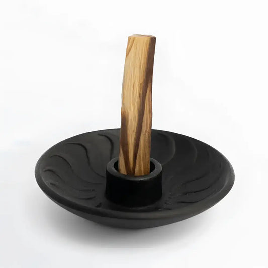Matte black handmade ceramic incense and palo santo smudge holder.