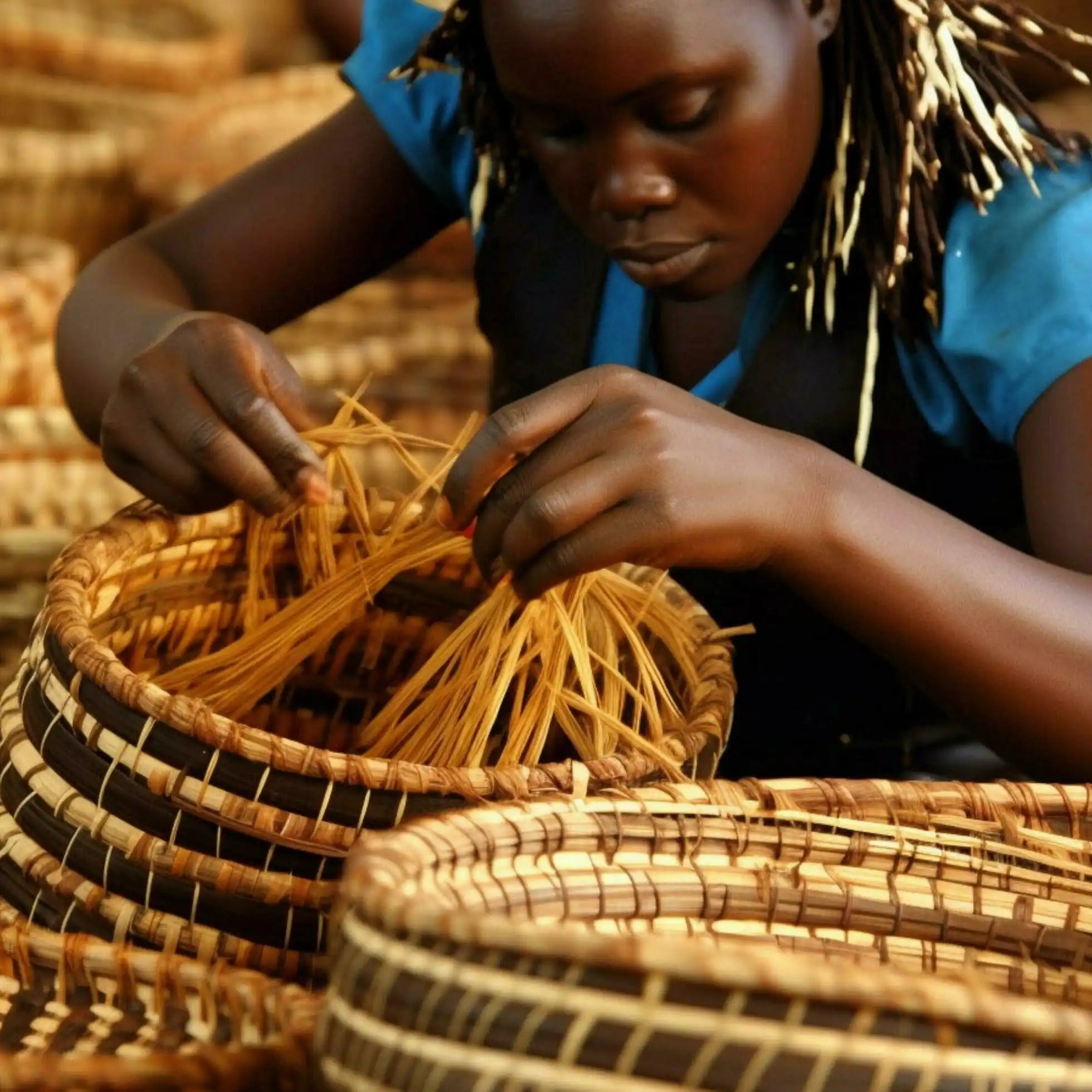 A person weaving a basket from natural fibers.