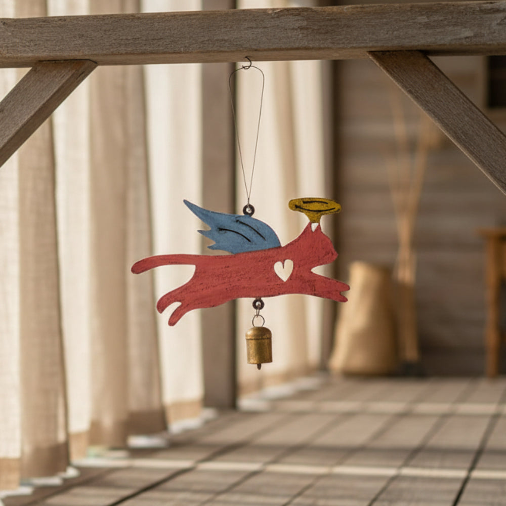 Pink cat metal wind chime with blue wings, yellow halo, heart cutout, gold bell