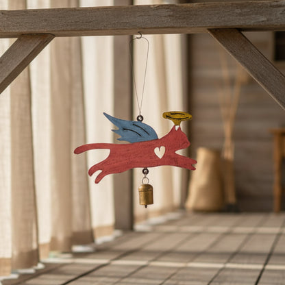 Pink cat metal wind chime with blue wings, yellow halo, heart cutout, gold bell