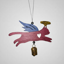 Painted recycled metal wind chime angel cat with blue wings, pink heart body, golden halo