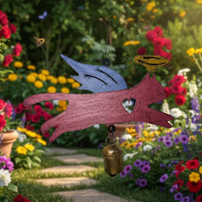 Painted recycled metal wind chimes angel cat with blue wings and pink heart body