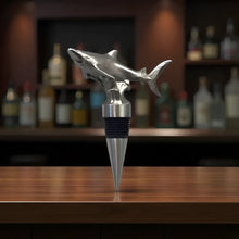 Pewter Shark Wine Bottle Stopper with metallic finish and black rubber base