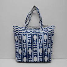 Handmade blue and white fish-patterned picnic tote bag