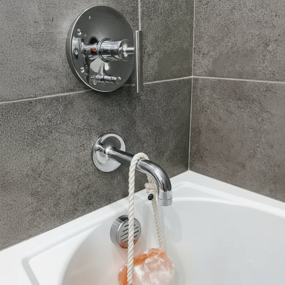 Polished chrome faucet with rope handle and pink Himalayan salt rock crystal
