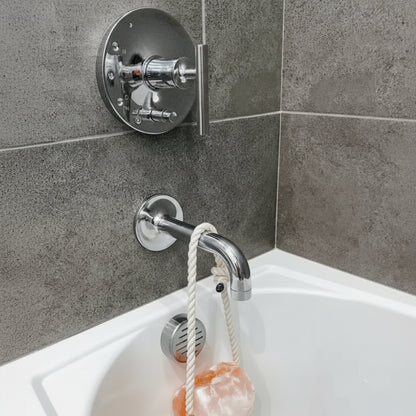 Polished chrome faucet with rope handle and pink Himalayan salt rock crystal