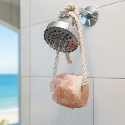 Pink Himalayan bath salt rock hanging from showerhead by beige rope