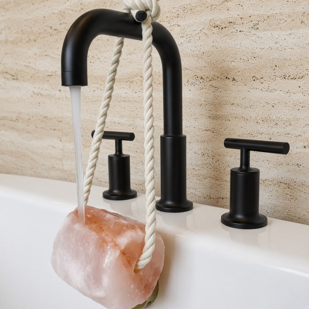 Pink himalayan hanging bath and shower salt rock on organic cotton rope under black faucet for easy use