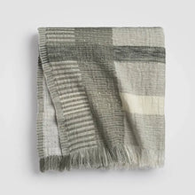 Gray and white plaid throw blanket in soft ivory and sage green with fringed edges