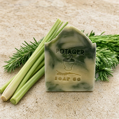 A rectangular marbled green and cream potager soap bar with rosemary lemongrass soap and lemongrass essential oils