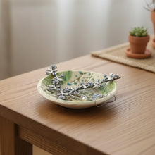 Handcrafted green cream floral ceramic jewelry dish with food safe glazes