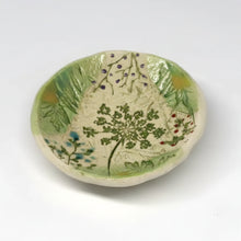 Hand-painted pottery dish with pressed flowers in food safe glazes