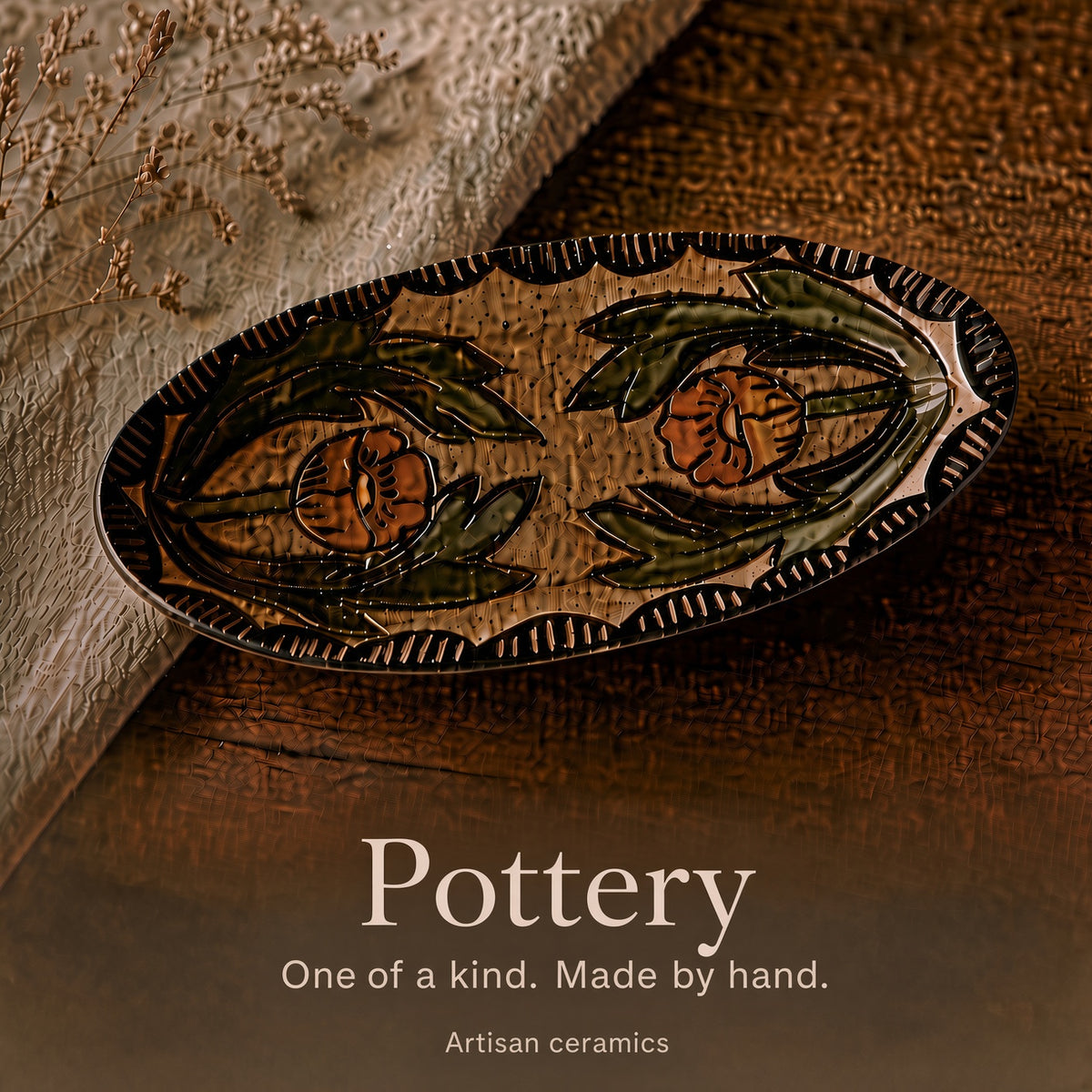 An oval ceramic plate with hand-painted floral motifs in green, orange, and black, displayed on a rustic wooden surface next to a textured stone slab. Text overlay at the bottom reads 'Pottery One of a kind.