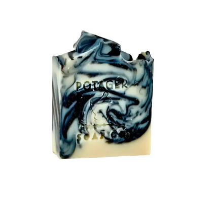 Marbled black and white soap with creamy base in Indigo patterned long sisal soap saver
