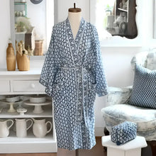 Blue and white patterned indigo long robe in soft cotton voile with pockets and tie waist