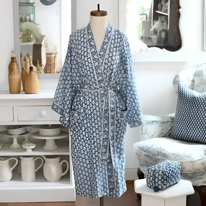 Blue and white patterned indigo long robe in soft cotton voile with pockets and tie waist