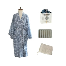 Blue and white floral patterned indigo long robe with tie waist made of soft cotton voile