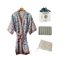 Floral patterned Feathers Short Robe with tie waist, includes sisal soap saver bag