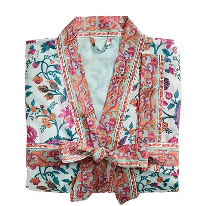 Pastel blue feathers short robe with floral pattern and tied waist, includes soap saver bag