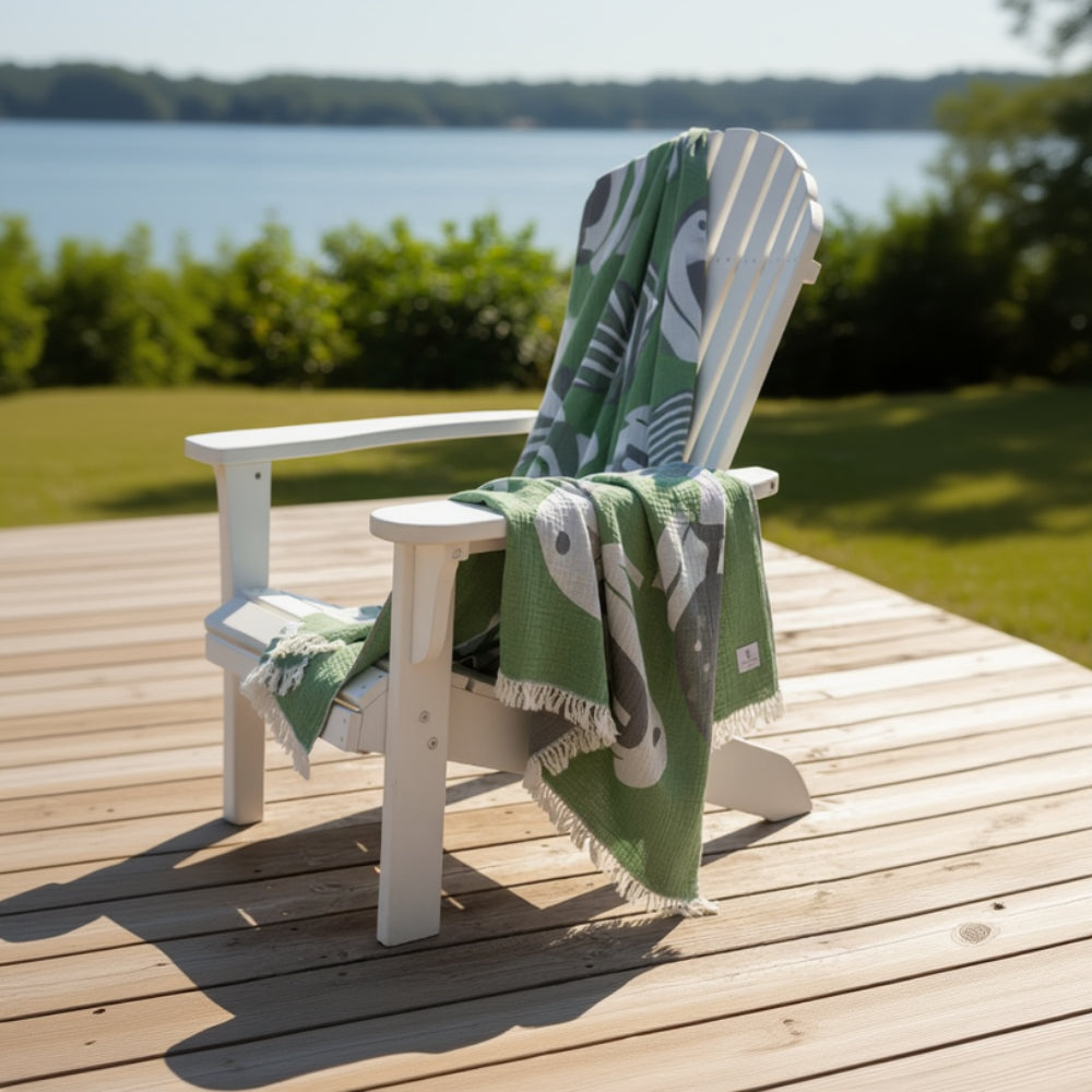 Premium authentic turkish cotton muslin beach towel fish with green gray white pattern and fringed edges